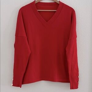 Red V-Neck Sweater with Gold Button Details
